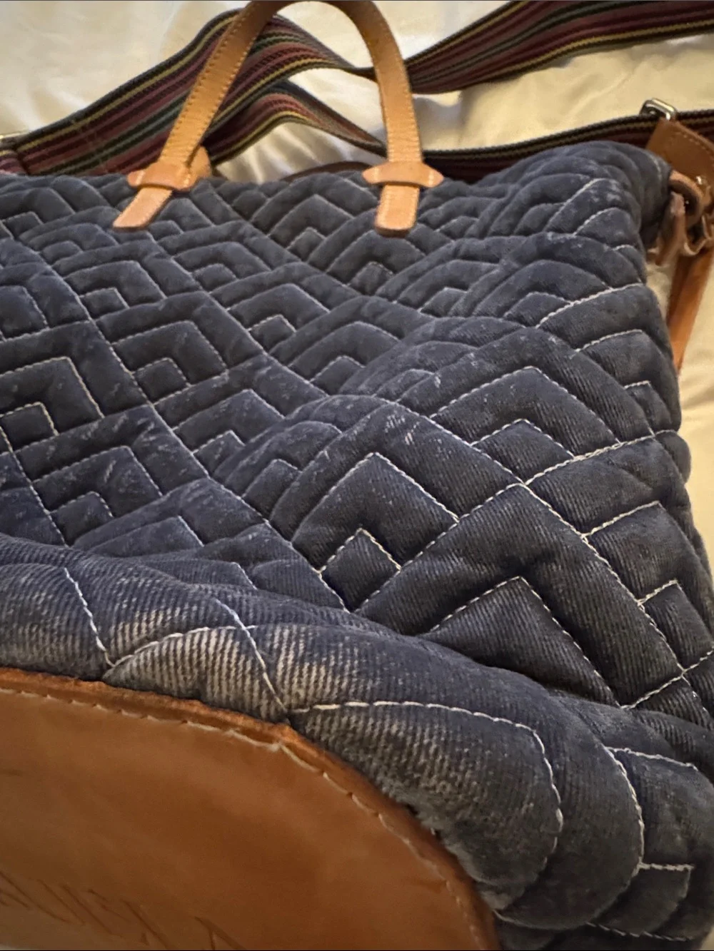 Consuela Navy Quilted Backpack with Tan Trim and Multicolor Strap